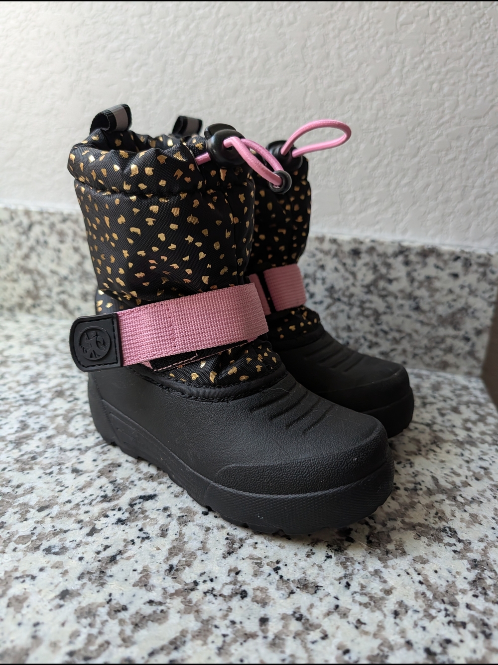 3M Thinsulate Black & Pink Kids Rain and Snow Boots with Gold Speckle